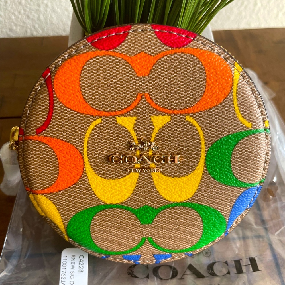 Coach Round Coin Purse - Rainbow Signature Canvas